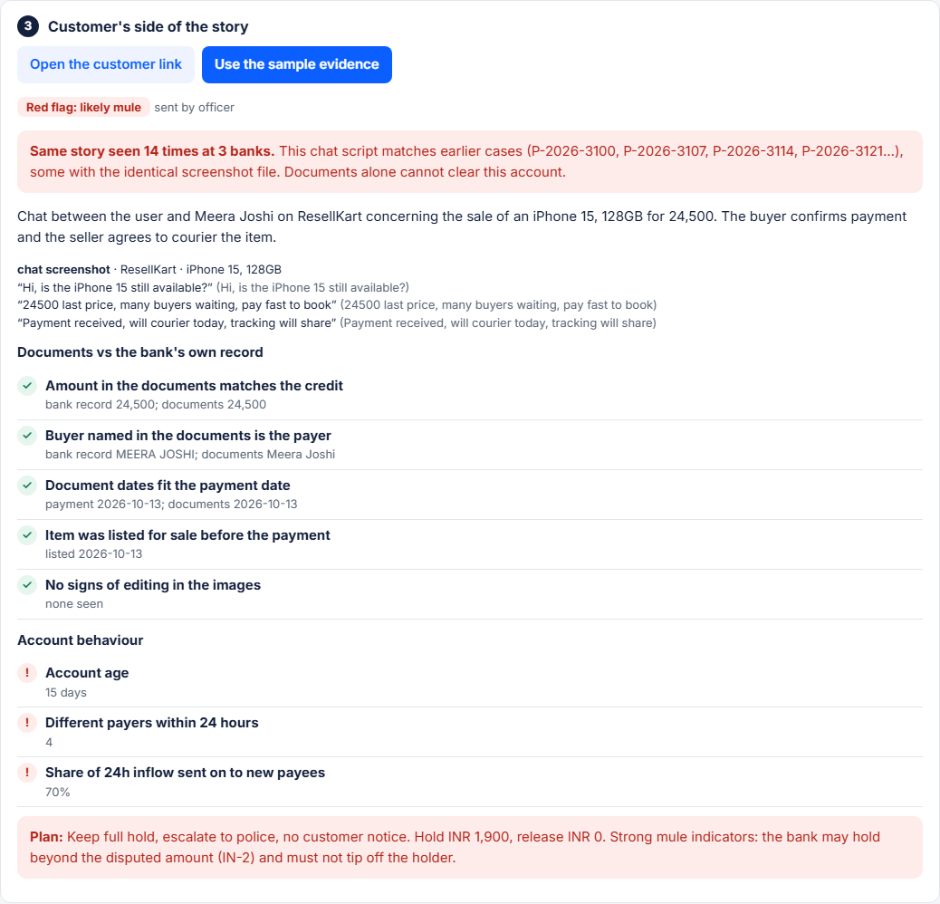Evidence check flagging a chat script reused 14 times at 3 banks